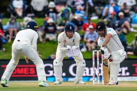 Blocked: Colin De Grandhomme blocks a ball with Jonny Bairstow of England looking on. Picture: John Davidson / www.photosport.nz