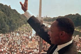 Martin Luther King acknowledges the crowd gathered for his I Have a Dream speech in 1963. (Picture: AP).