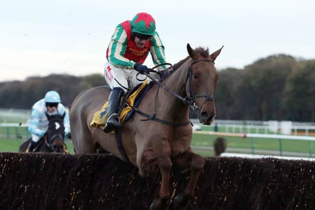 Vieux Lion Rouge and Tom Scudamore in winning action at Haydock - they will represent david Pipe in the Grand National 10 years after the trainer won the race with Comply Or Die.