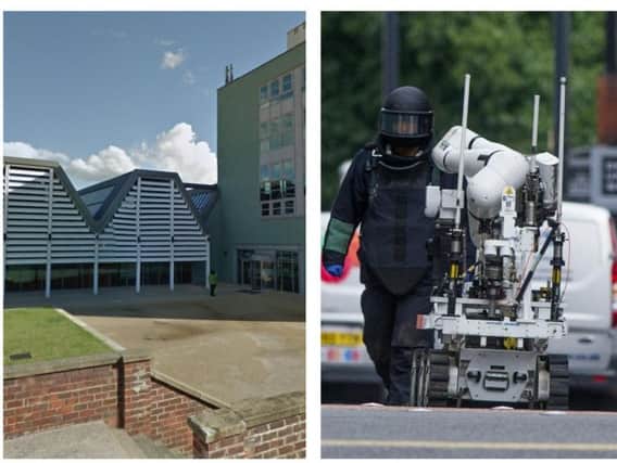 File images of a bomb disposal team and the Student Loans Company office in Darlington where the package was detonated. Images: Google and Johnston Press.