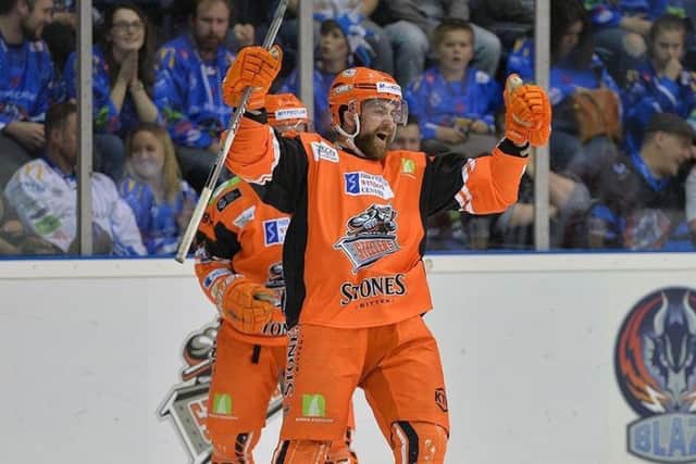 SAME AGAIN, PLEASE: John Armstrong celebrates scoring in last year's play-off final against Cardiff Devils, the Steelers' going on to win 6-5 in the second period of overtime. Picture: Dean Woolley.