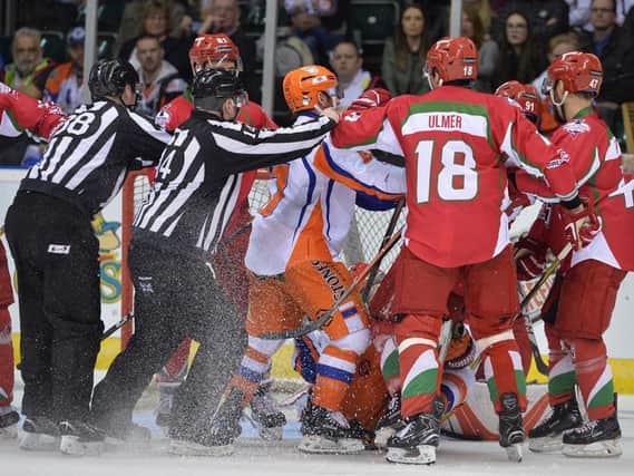 GETTING TO KNOW YOU: Sheffield Steelers and Cardiff Devils' players exchange pleasantries during Sunday's final. Picture: Dean Woolley.