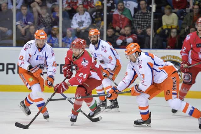 CLOSING DOWN: Cardiff Devils' Andrew Hotham (No 24) comes under pressure from Sheffield Steelers' Tim Wallace, right. Picture; Dean Woolley.