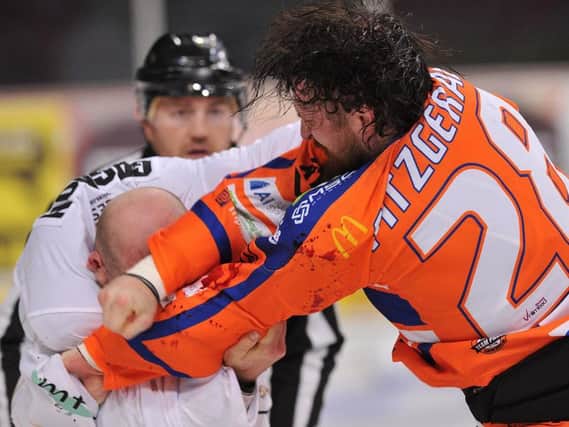 GOING< Zack Fitzgerald, pictured during a brawl during a match against Nottingham Panthers earlier this season, will not be returning for the 2018-19 campaign. Picture: Dean Woolley.