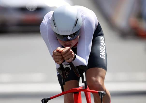 Silver success: Harry Tanfield heading for time trial medal.