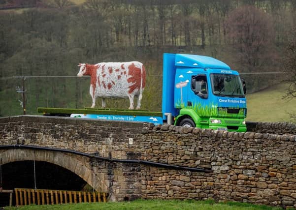 Emma Stothard's galvanised steel sculpture of the Craven Heifer being transported between Bolton Abbey and York's Imphal Barracks. It has been designed to spread the word about the 160th Great Yorkshire Show and weighs more than half a tonne. Pictures by Charlotte Graham.