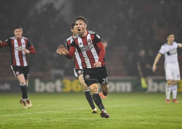 Sheffield United's Lee Evans celebrates scoring one of his two goals against Middlesbrough at Bramall Lane. Picture: Harry Marshall/Sportimage
