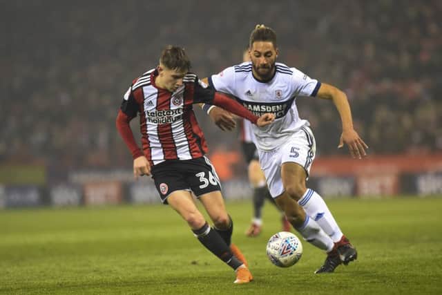 Sheffield United's David Brooks holds off Middlesbrough's Ryan Shotton. Picture: Harry Marshall/Sportimage