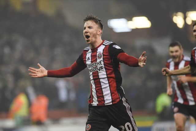 ON TARGET: Sheffield United's Lee Evans celebrates one of his two goals against Middlesbrough at Bramall Lane Stadium, Sheffield. Picture date 10th April 2018. ry Marshall/Sportimage