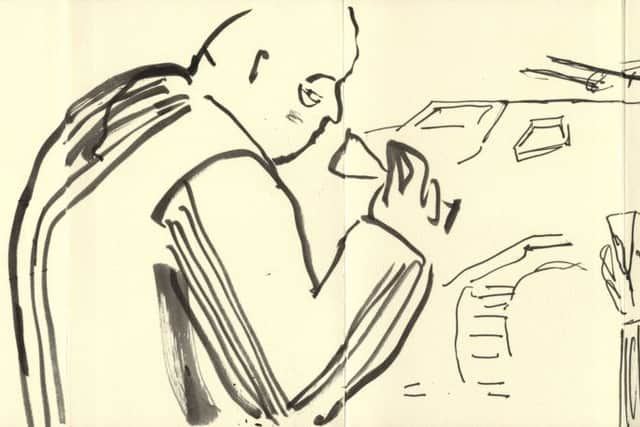 Jill Gibbon's sketch of a tank salesman.