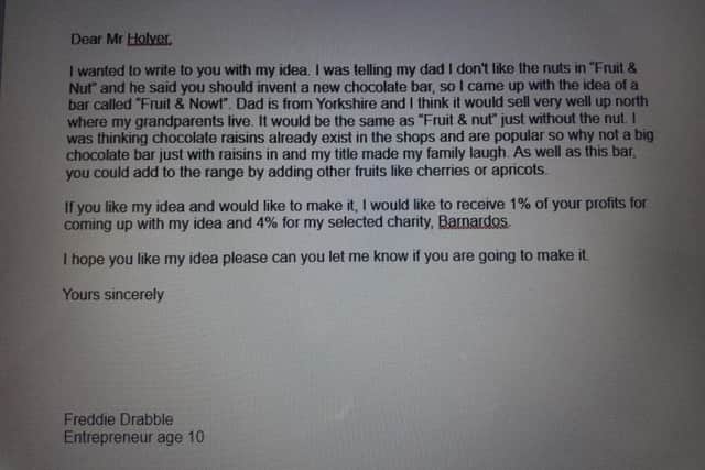 The full letter Freddie sent to Cadbury's