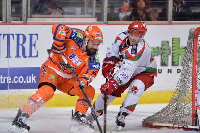 HITTING BACK: Mathieu Roy, seen in action against league and play-off champions Cardiff Devils, is determined to return to winning ways next season with Sheffield Steelers. Picture: Dean Woolley.
