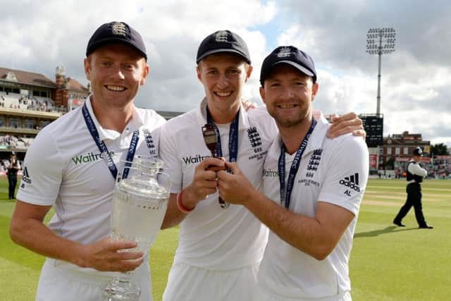 Yorkshire team-mates Jonny Bairstow, left, Joe Root and Adam Lyth celebrate winning the Ashes. Picture: PA.