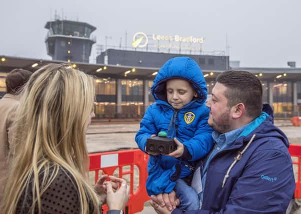 Toby Nye with his Dad Simon, unveils Leeds Bradford Airports updated brand, Yorkshires Airport.