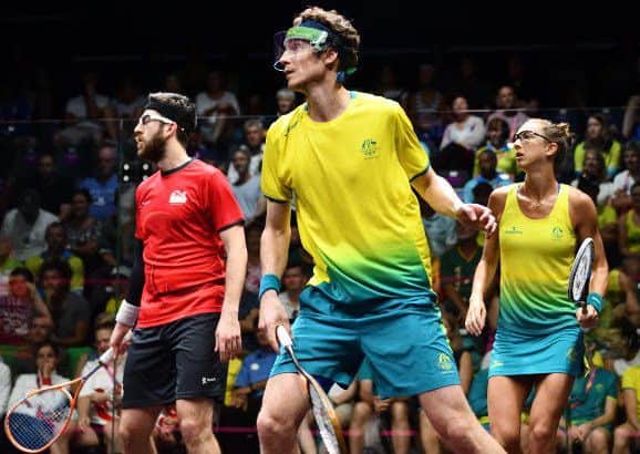 Daryl Selby, left, on his way to defeat in the mixed doubles against Donna Urquhart & Cameron Pilley (above) but is through to the last four in the men's doubles with Adrian Waller and will face Yorkshire's James Willstrop and Declan James. Picture courtesy of World Squash Federation.
