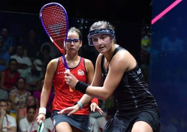 Jenny Duncalf, left, in action during the women's doubles quarter-finals against New Zealand's Amanda Landers-Murphy. Picture: World Squash Federation.