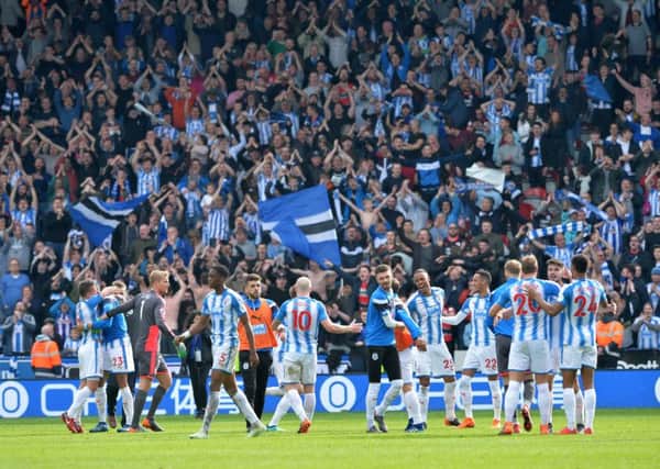 Huddersfield Town celebtrate at full-time after beating Watford 1-0.  Picture: Bruce Rollinson