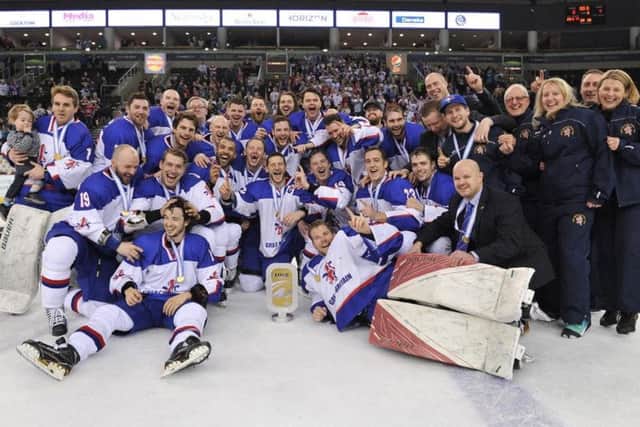 WINNERS: GB celebrate last year's Division 1B gold medal triumph in Belfast. Picture: Dean Woolley.