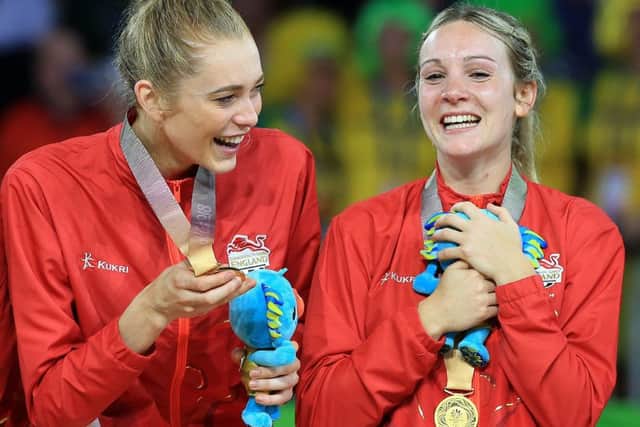 Keighley's Natalie Haythornthwaite, right, celebrate with their gold medals after winning the Women's Netball final against Australia, at the Coomera Indoor Sports Centre during day eleven of the 2018 Commonwealth Games in the Gold Coast, Australia. (Pictures: PA)