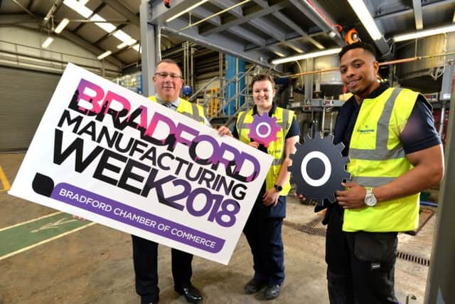 Launch of Bradford Manufacturing Week, a big iniative in the city to get more kids involved in sector, at  Christeyns.
Nick Garthwaite with Apprentice's,  Lauren Bean and Jordan Smith.
16 April 2018.  Picture Bruce Rollinson