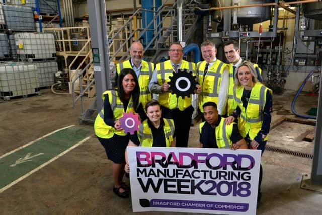 Launch of Bradford Manufacturing Week, a big iniative in the city to get more kids involved in sector, at  Christeyns. (l-r) Alexandra Foga  ( Barclay's), Eric Brindle (Barclay's) ,Nick Garthwaite ,  Louis D'Arcy, deputy HD Bradford Grammar, Duncan Furmanfrom Gordon's Solicitors, and  Vicky Wainwright ( MD Naylor Wintersgill) and Apprentice's,  Lauren Bean and Jordan Smith. 16 April 2018.  Picture Bruce Rollinson