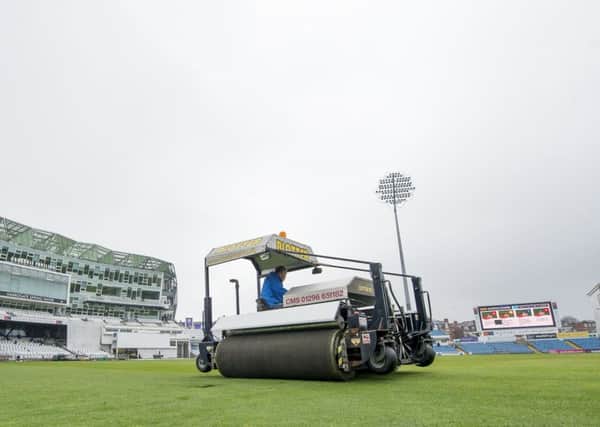 RAIN STOPPED MATCH: Andy Foggarty on the 'Blotter' taking up water from the Headingley outfield prior to the first match of the County Championship. Picture: Allan McKenzie/SWpix.com