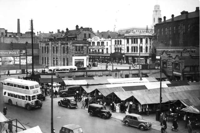 Barnsley, 30th July 1947- 

part of market with Eldon Street in the distance