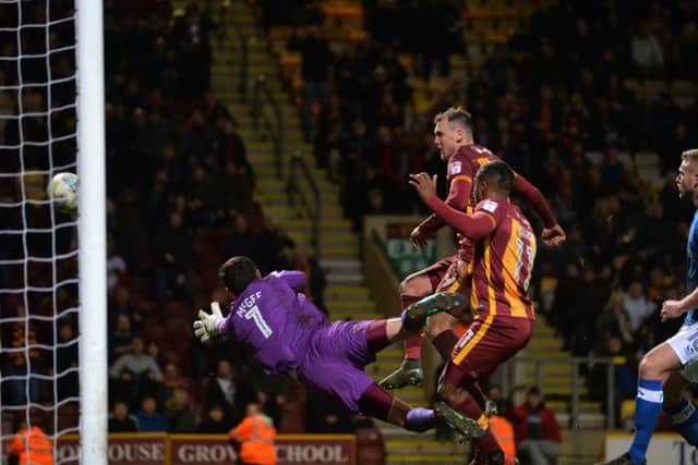 Charlie Wyke scores Bradford City's third goal against Portsmouth.  Picture: Bruce Rollinson