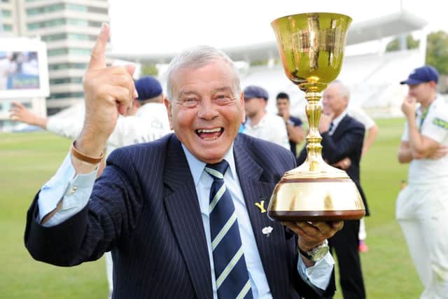 Dickie Bird with the County Championship trophy in 2014. Picture: Jonathan Gawthorpe.