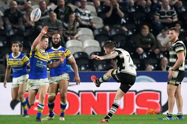 Marc Sneyd wins the game against Leeds Rhinos for Hull FC with his late drop-goal (Picture: Jonathan Gawthorpe).