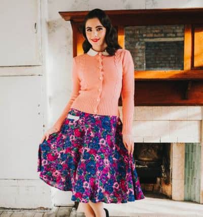 Forties' style Whirlaway skirt on Bloomsbury print, Â£62; pink cardigan, out in May, Â£59.
All clothing and styling: House of Foxy
Photographer: Kate McCarthy at www.katemccarthyphotography.co.uk
Location: Victoria Baths, Manchester: http://www.victoriabaths.org.uk