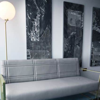 The bespoke sofa in Steve's office designed by Laura Wellington and upholstered by Fred Bennett.