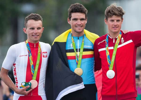 On the podium: Rio Olympics champion Greg van Avermaet, centre.