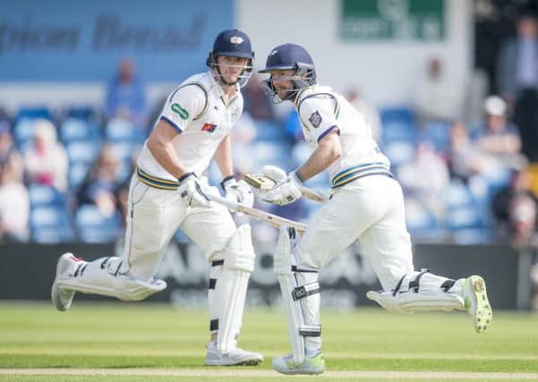 Yorkshire's Alex Lees & Adam Lyth run between the wickets on the first day's play at Headingley against Nottinghamshire. Picture: Allan McKenzie/SWpix.com