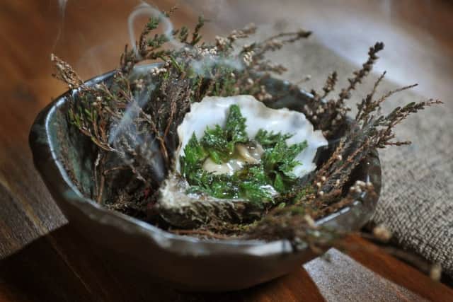 Lindisfarne oyster with nettle shoots and pork fat. Picture Tony Johnson.