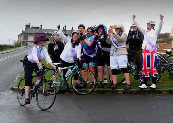 Members of the Queensbury Queens Cycling Club, cycled as suffragette at the Cow and Calf, Ilkley. Picture by Simon Hulme