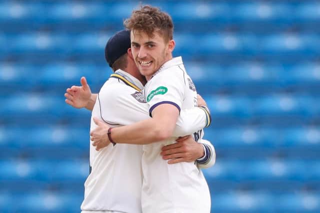 Yorkshire's Ben Coad celebrates the wicket of Notts' Harry Gurney. Picture by Alex Whitehead/SWpix.com