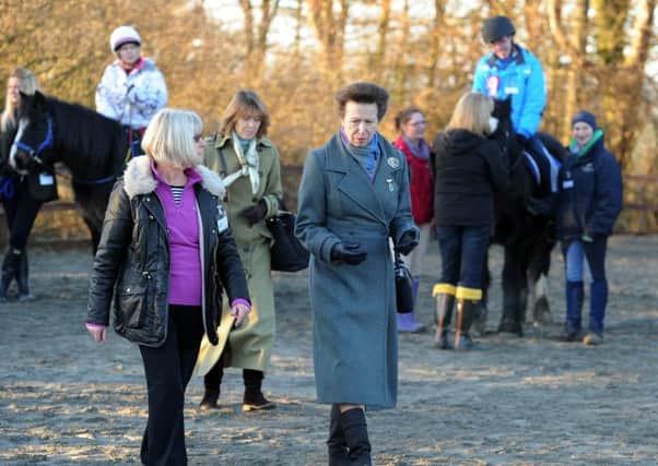 Wenda Fletcher with Princess Anne meeting riders during her visit to the Leeds Area Groups Riding for the Disabled Association in January 2013.