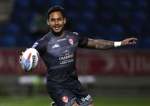 St Helens Ben Barba celebrates after scoring his third try of the game against Salford on Thursday (Picture: PA)