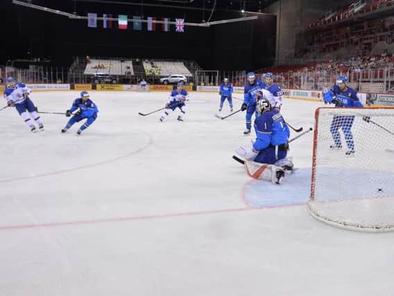 Robert Dowd fires in GB's second goal against Italy. Picture: Dean Woolley.