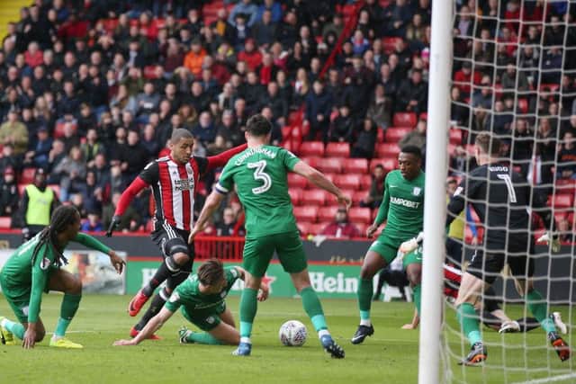 Leon Clarke of Sheffield Utd attempts to convert a loose ball. Picture: Simon Bellis/Sportimage