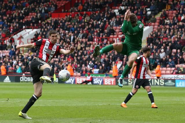 Chris Basham of Sheffield United volleys in a shot during the championship match with Preston at Bramall Lane (Picture: Simon Bellis/Sportimage)
