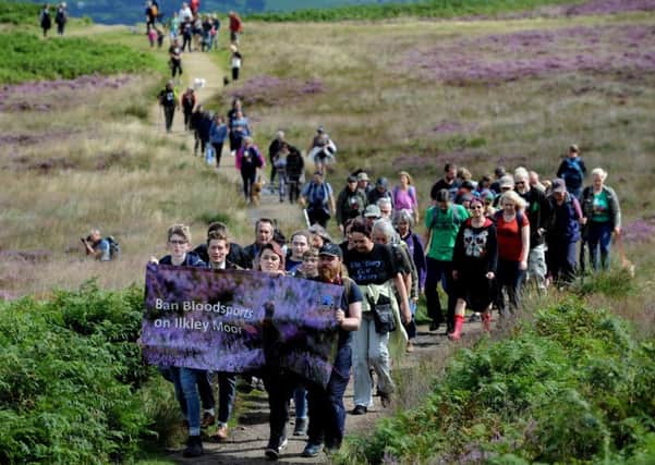 Campaigners from Ban Bloodsports on Ilkley Moor take part in a protest ramble on Ilkley Moor, to oppose the last grouse shooting season permitted under Bradford Councils controversial license., in August 2017.
Picture Jonathan Gawthorpe