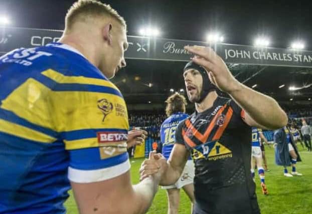 Castleford's Luke Gale, right, after their win against Leeds Rhinos at Elland Road earlier this season.