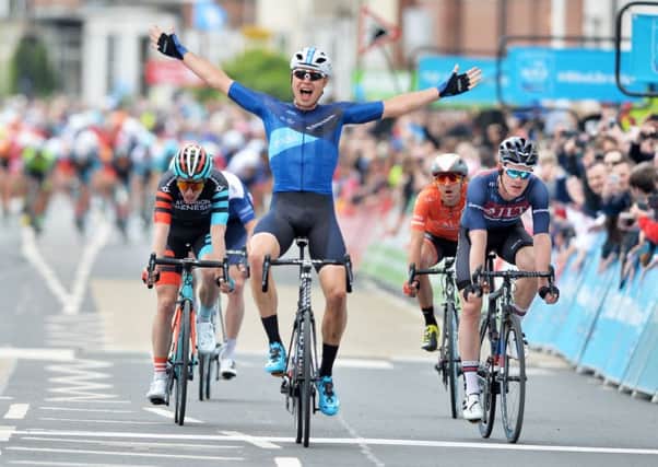 Harry Tanfield crosses the line to win the first stage of the 2018 Tour de Yorkshire, from Beverley to Doncaster, after being in the breakaway all day. The Yorkshireman is the first Briton to win a stage of the Tour de Yorkshire (Picture: Bruce Rollinson).