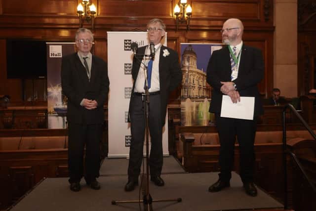 3rd May 2018  
Cllr John Abbott (left) and Cllr John Fareham (centre)  win seats in the Hull City Council local elections, Guildhall, Hull.