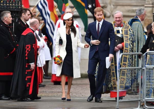 Meghan Markle is no slouch when it comes to stepping out in style. She is an accomplished special occasion dresser, favouring simple lines and a monochromatic palette, as seen here with Prince Harry at the Commonwealth Service at Westminster Abbey in March this year. Picture: Joe Giddens/PA Wire