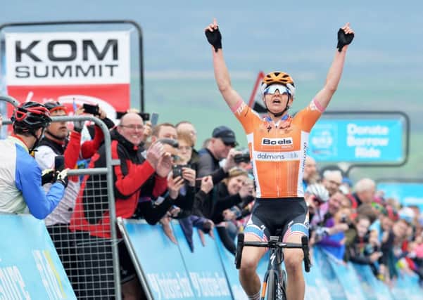 Megan Guarnier, Boels Dolmans, wins the ASDA Womens Tour de Yorkshire, Stage 2,  Barnsley to Ilkley, and the overall title on the summit of the Cow and Calf.  (Picture: Bruce Rollinson)