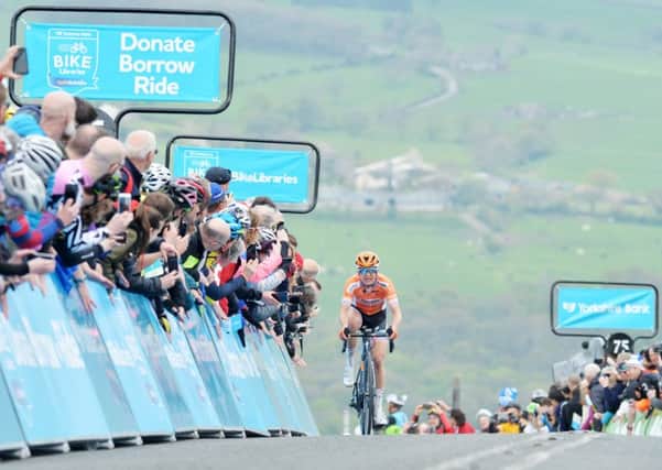 Megan Guarnier, Boels Dolmans,  wins the ASDA Womens Tour de Yorkshire, Stage 2,  Barnsley to Ilkley, and the overall title on the summit of the Cow and Calf.
4 May 2018.  Picture Bruce Rollinson