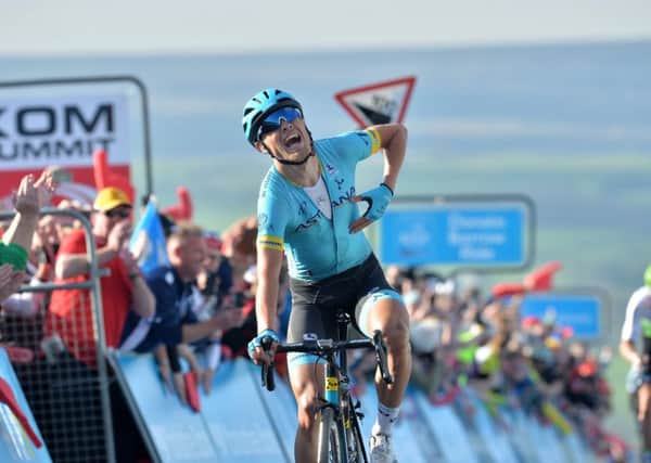 CATCH ME IF YOU CAN: Magnus Cort Nielsen crosses the finish line at the Cow and Calf in front of thousands of fans to win the Barnsley-Ilkley stage two and take the overall leaders jersey in the Tour de Yorkshire. Picture: Bruce Rollinson.